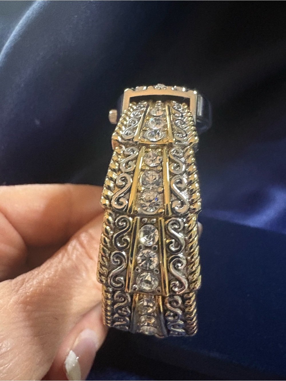 Watch Gold & Silver Tone Ornate Rhinestone Accent Quartz Link Bracelet - Picture 8 of 12